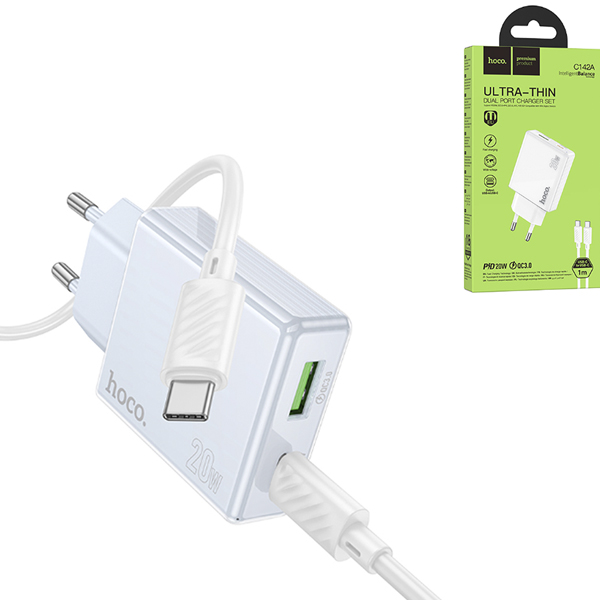 Зарядное устройство сетевое " Hoco " C142A Direct синее, 3А, PD, QC3,0, USB, Type-C, пластик, кабель Type-C, 1м