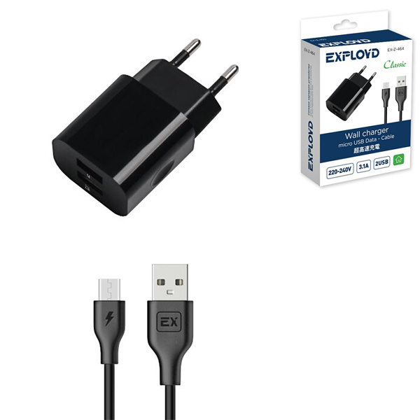 Зарядное устройство сетевое " Exployd " EX-Z-464 Classic черное, 3,1А, 2 USB, пластик, кабель micro USB, 1м